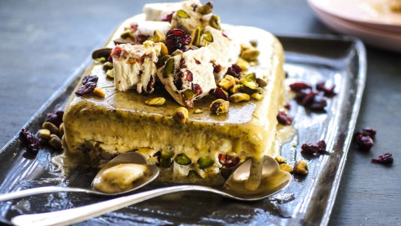 Nutty semifreddo with a central layer of nougat shards.