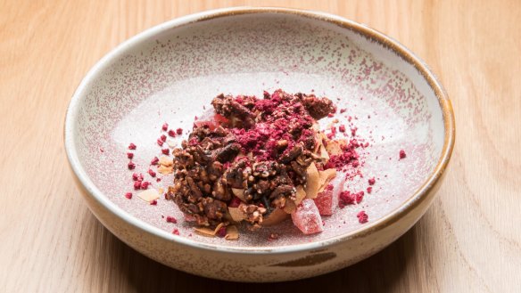 Chocolate mousse with rosewater jellies and chocolate crackles.