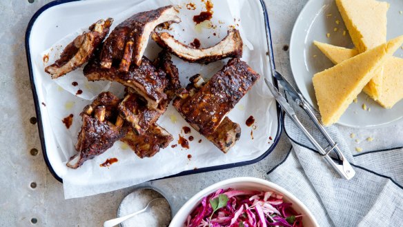 Smoky glazed pork ribs with slaw and cornbread. 