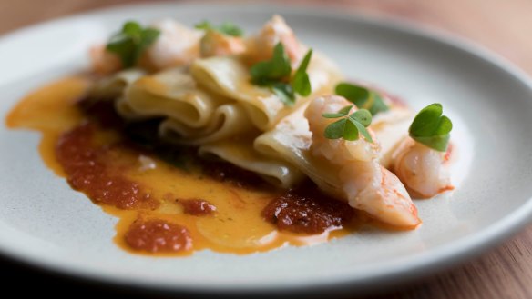 Instant signature: Prawn-oil-infused paccheri pasta with prawns.