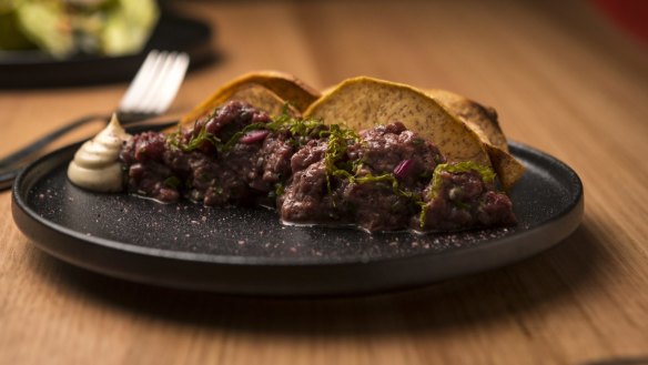 The Kangaroo tartare with smoked oyster aioli and taro crisps at Big Esso. 