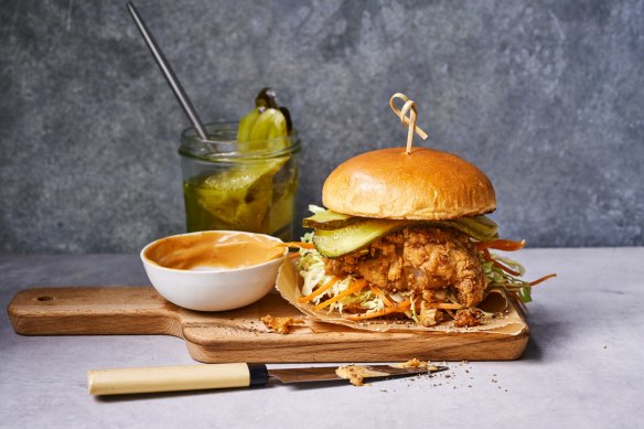 Buttermilk fried chicken burgers with pickle slaw and chipotle mayo.
