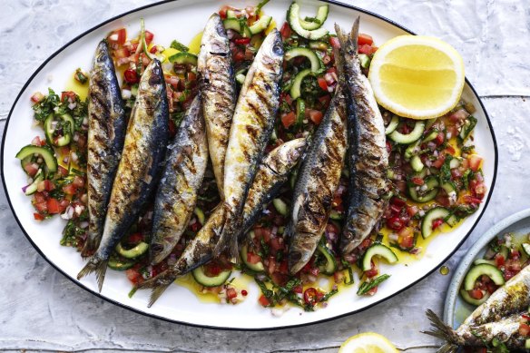 Grilled sardines with a fresh salsa.