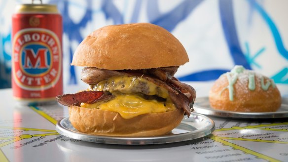 The 'Easey's Burger' served with a tinnie of Melbourne Bitter at  Easey's in Collingwood.