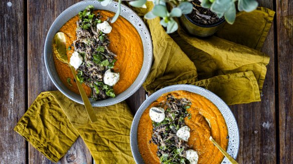 Spiced pumpkin soup topped with barley, labne and leftover lamb.