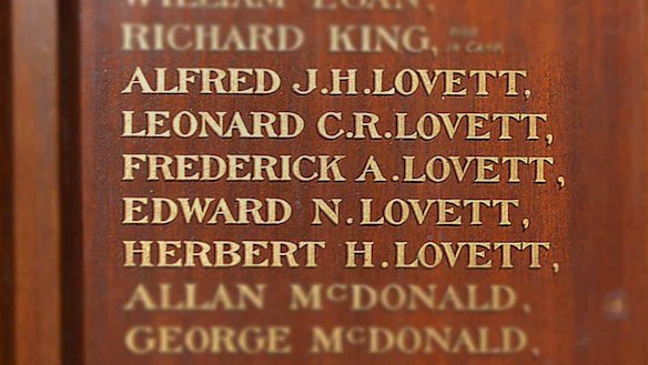 The Roll of Honour now at St Mary's Mission church listing the five Lovatt Brothers who served in WW1.