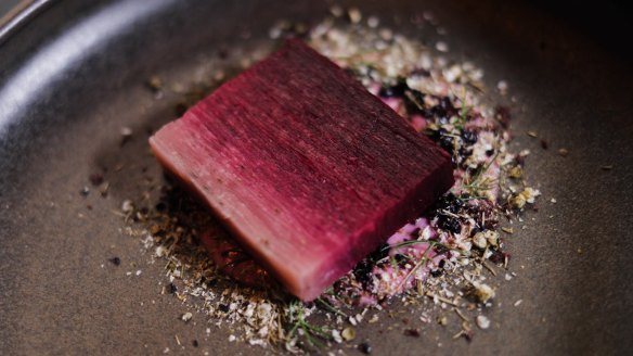 Compressed beetroot dish at Lesa for Melbourne trends video. Visit Victoria and Good Food.