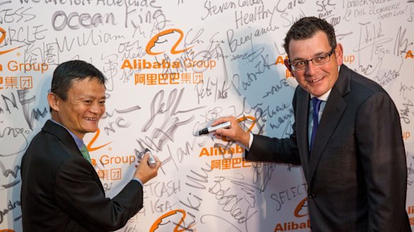 Alibaba founder Jack Ma with Premier of Victoria Daniel Andrews at the launch of Alibaba's Australian and New Zealand headquarters in February.