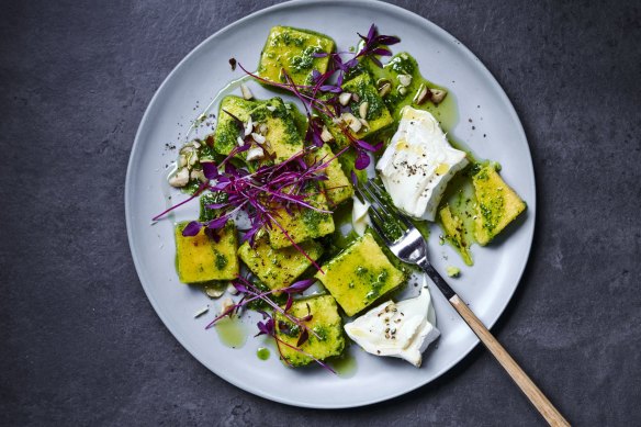 Fast polenta gnocchi with winter green pesto, hazelnuts and brie.  