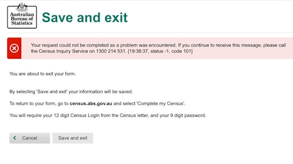 An error message seen when trying to submit the census.