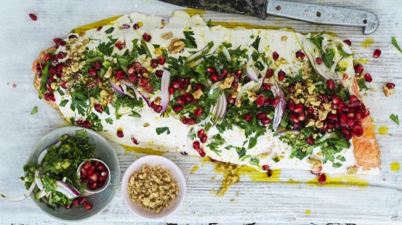 A side of salmon with tahini cream.