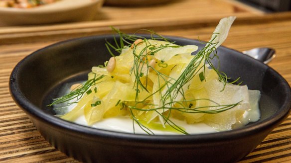 Saffron and pickled fennel with yoghurt and pinenuts.