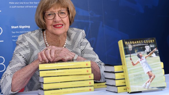 Margaret Court poses with her autobiography at the Australian Open in January.