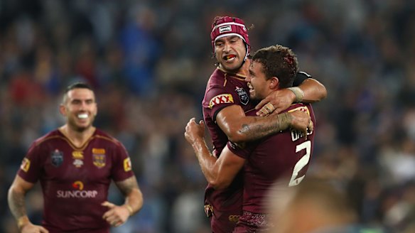 Thurston celebrates after winning Origin game one.