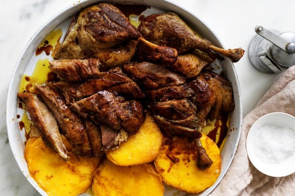 Confit duck with roasted mango cheeks.