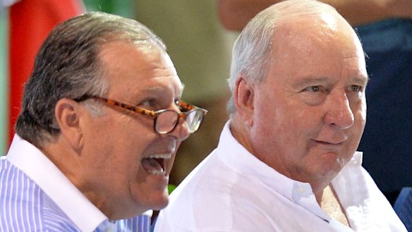 John Messara and Alan Jones share a laugh at the Magic Millions Yearling Sale Day on January 6 this year.