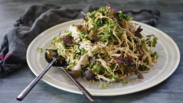 Poached chicken and soba noodle salad with spicy nut dressing.