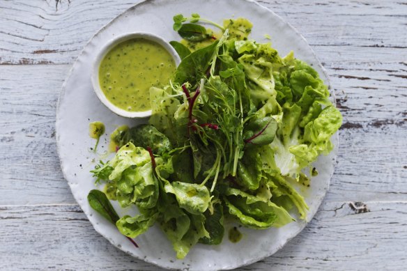 A simple leaf salad is the perfect partner to just about anything: a bit of salmon cooked in a pan for five minutes, a steak, roast chook or a cheese platter.