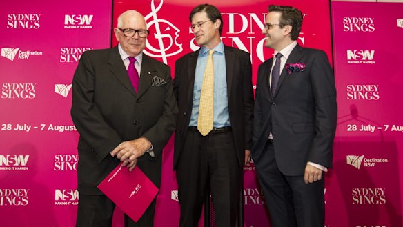 High note: Leo Schofield with member for Davidson, Jonathan O'Dea, and Jarrod Carland at the launch of Sydney Sings.