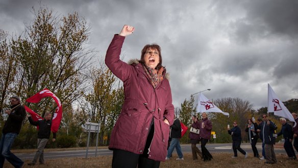 United Voice secretary Lyndal Ryan, pictured, has criticised the government's decision to renew a school cleaning contract to a company accused of underpaying refugee workers.
