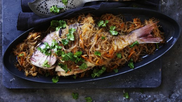 Steamed snapper in glass noodles for Adam Liaw's five ways with fish.