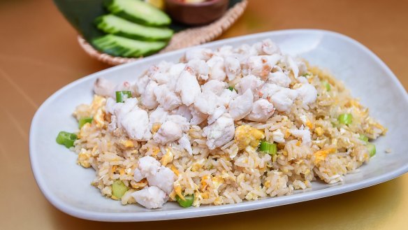Crab fried rice with an abundance of pearly flesh.