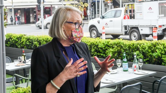 Melbourne Lord Mayor Sally Capp, pictured at Faraday Street in Carlton, is giving shape to the outdoor dining plan.