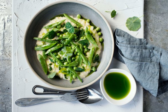 Mint oil and nasturtium leaves enliven a risotto, perfect for spring.
