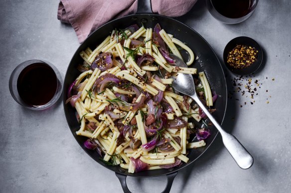 Pasta with sherry roasted red onion and pancetta.
