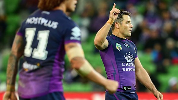 Calming presence: Cooper Cronk celebrates after his field goal late in the game.