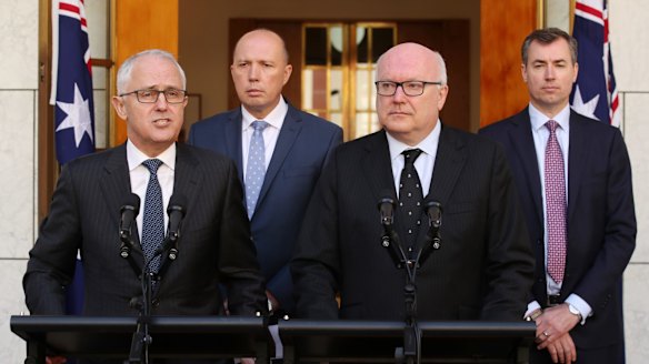 Prime Minister Malcolm Turnbull announced Peter Dutton, second from left, will become the Minister for Home Affairs.