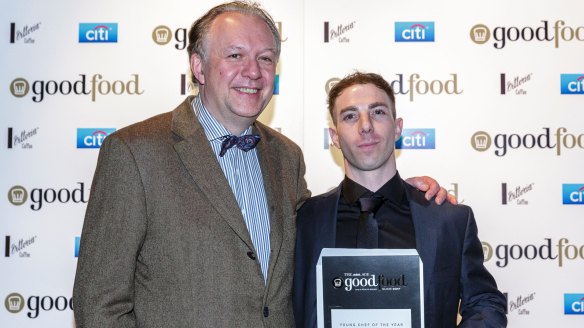 Philippe owner-chef Philippe Mouchel, a member of the Young Chef of the Year judging panel, with this year's winner, Jarrod Di Blasi from Ezard.