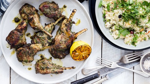 Parsley and coriander lamb chops with quick Moroccan couscous.