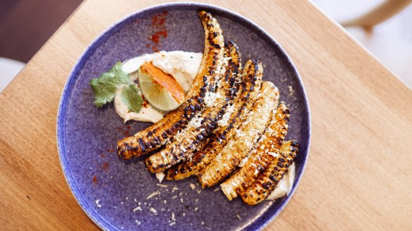 Grilled corn ribs with lime, pecorino and coriander mayonnaise at The Patch.