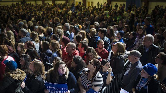 Audience listens to Bernie Sanders in Essex Junction.