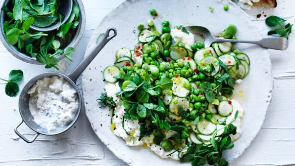 Neil Perry's homemade ricotta with smashed broad beans, peas and mint.