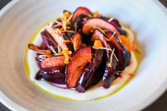 Beetroot, plum and almond cream with marigold vinegar.