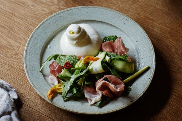 Julia Busuttil Nishimura's burrata with zucchini, rocket and prosciutto.