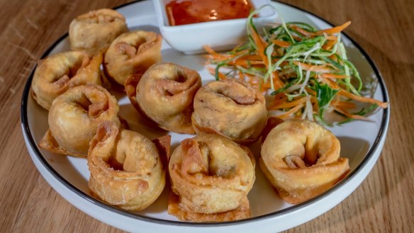 Happy snack: Fried pork and mushroom wontons.