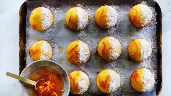 Orange coconut and semolina cakes with orange blossom syrup and marmalade glaze.