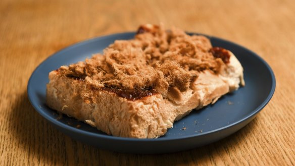 Thai toast topped with chilli paste and pork floss.