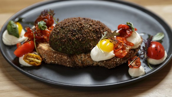 Avocado toast with olive crumb.