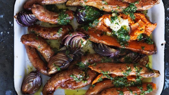 One-tray wonder: Baked sweet potato and sausages.