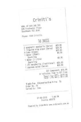 Receipt for lunch with John Edward at Critini's, Southbank.