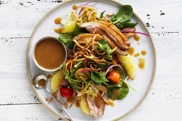 Duck and grapefruit salad with honey-miso dressing and crispy wontons.