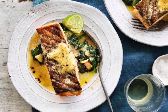 Neil Perry's barbecued salmon and wilted spinach with anchovy butter.