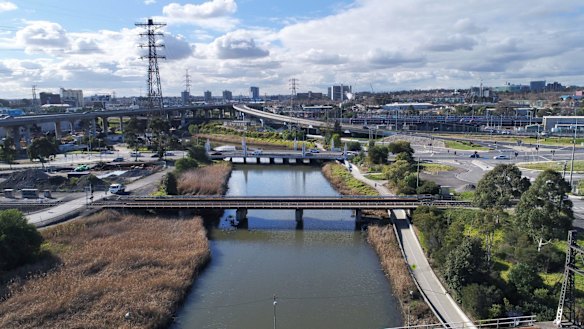 Moonee Ponds Creek between Dynon and Footscray roads, the location for a spaghetti junction. 