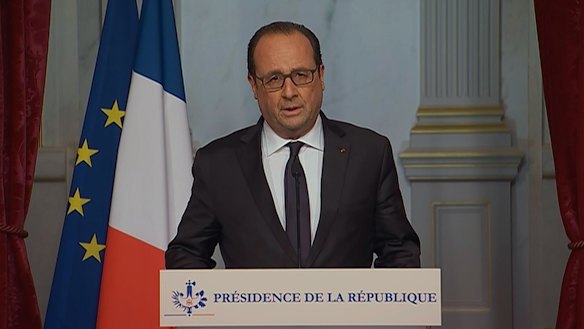 French television pool shows French President Francois Hollande making an emergency broadcast on Friday evening.