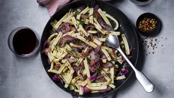 Pasta with sherry roasted red onion and pancetta.