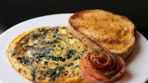 Collard greens omelette with smoked salmon rosette at Our Kitchenette.